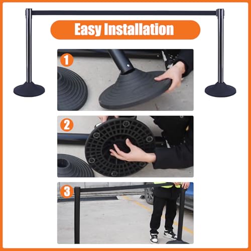 VILMON 41\" Black Crowd Control Stanchion Set, Stable Heavy-Duty Rubber Base with 10 Feet Retractable Belt Crowd Control Barriers, Retractable stanchions for Outdoor Safety (6 Pack) - Thumbnail 7