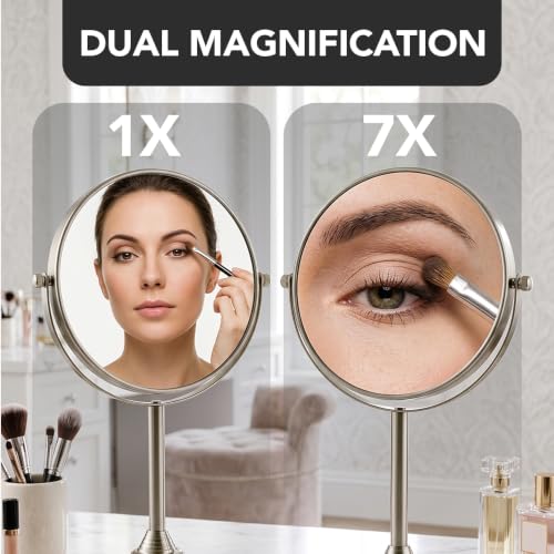 Image of OVENTE 7 inch Tabletop Magnifying Makeup Mirror, Nickel Brushed MNLCT70BR1X7X | Double Sided Vanity Standing Mount Mirror with 1X /7X Magnification, 360 Rotation, Perfect for Dresser Bedroom Office Desk