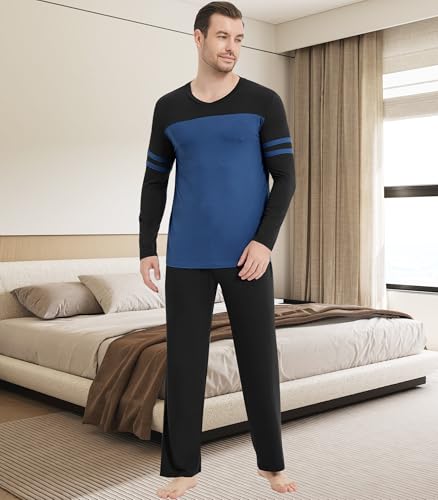 Image of NACHILA Mens Pajamas Set Viscose Made from Bamboo V Neck Top Sleep Pants