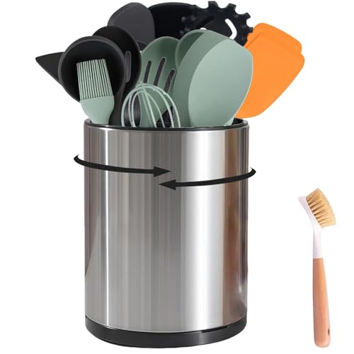 PROJODO Kitchen Utensil Holder - 360&deg; Rotating Stainless Steel Countertop Organizer (with Cleaning...
