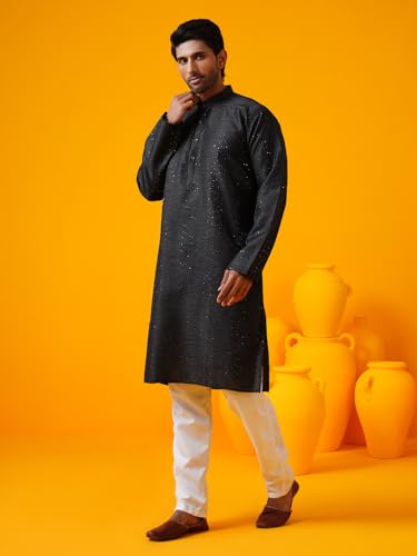 Image of SOJANYA (Since 1958 Men's Silk Bend Krochet Thread Embroidered Kurta with White Pyjama