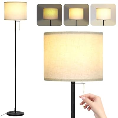Modern Floor Lamp for Living Room Traditional Farmhouse Floor Lamps Mid-Century Pole Lamp with Linen Lamp Shade, Standing Tall Floor Lamps for Bedrooms and Office (Black+Metal Pole)