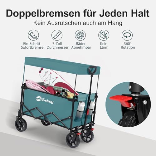 Sekey XXL Bollerwagen Faltbar Kinder 150L 150KG, Faltbarer Bollerwagen mit Dach Klappbarer Handwagen mit Sonnenschutz für Ausflug Strand Camping, Dach-S 4018, Grün