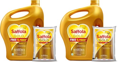 Image of Saffola Gold Refined Cooking oil | Blend of Rice Bran & Sunflower oil | Power of 3 - Balance of Good Fats, Triple Anti-Oxidant System & Fortified with Vitamins | 5 Litre Jar + Free 1 Litre Pouch