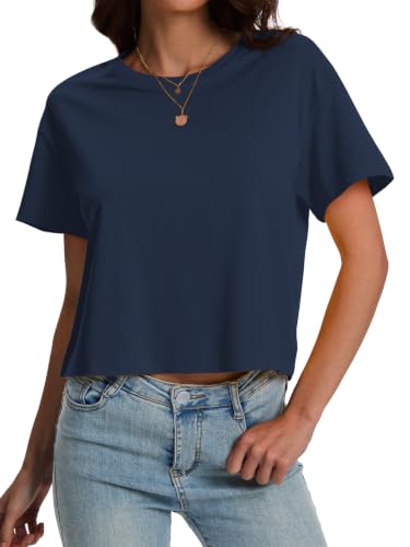 Image of SMENG Women's Crop Tops Cotton Loose Fit Tshirt Basic Short Sleeve Shirt