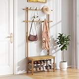 GIANTEX Perchero Zapatero de Bamb&uacute;, Perchero Recibidor con Banco de Rat&aacute;n PE, 7 Ganchos, Estantes Abiertos, Organizador para Pasillo, Entrada, Sal&oacute;n, 71 x 30 x 169,5 cm (Natural)