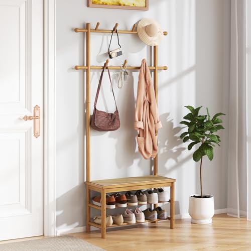 Giantex 3-in-1 Hall Tree with Bench and Shoe Storage, Bamboo