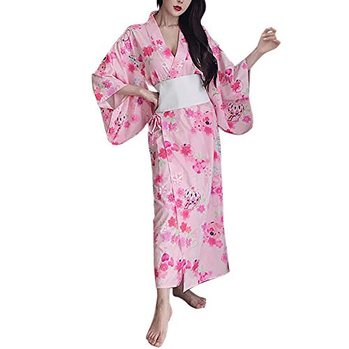HongH Women's Floral Print Traditional Japanese Kimono Goldfish Obi Blossom Yukata Costume Set Belt Robe, 04# Long Pink, Large - Thumbnail 3