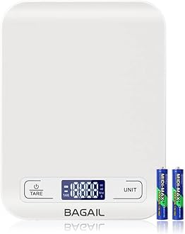 BAGAIL BASICSDigital Kitchen Scale, Premium Food Scales Weight Grams and Oz for Baking and Cooking, 11lb/5kg with 0.1oz/1g Precision White