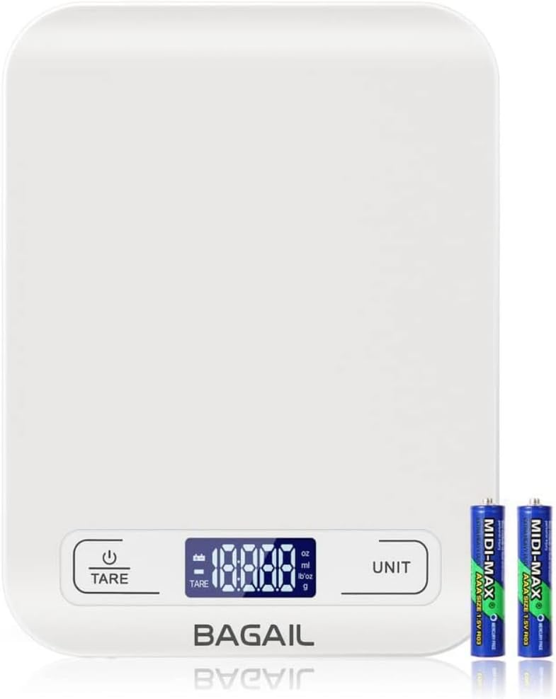 BAGAIL BASICSDigital Kitchen Scale, Premium Food Scales Weight Grams and Oz for Baking and Cooking, 11lb/5kg with 0.1oz/1g Precision White