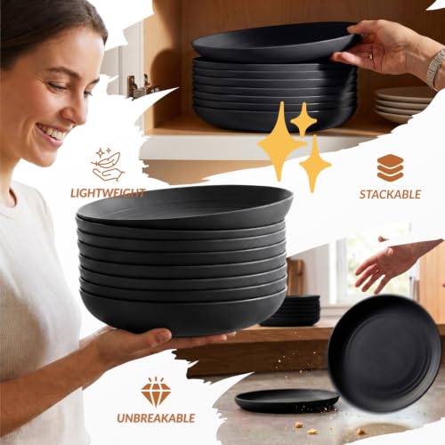 Image of Homienly Wheat Straw Plates Set - 11 inch Reusable Large Dinner Plates Set of 8, Lightweight Unbreakable Salad Plates, Microwave and Dishwasher Safe Plates, Deep Plates for Dinner, Camping - Black