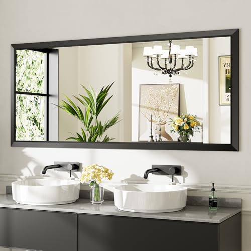 72x32 Inch Black Bathroom Mirror for Wall, Thick Metal Framed Rectangle Mirrors for Over Sink, Bedroom, Living Room, Entryway, Anti-Rust, HD Tempered Glass