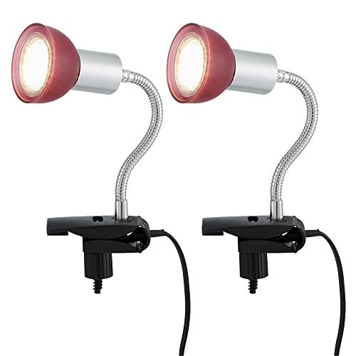 Klemmlampe silber Klemmleuchte Klemmlampe LED mit Stecker, Tischleuchte Leselampe, Spot beweglich, Metall titanfarben Glas rot, 1x LED 3W 250Lm 3000K, HxLxB 34x9x6,1 cm, 2er Set