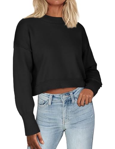 Image of Zeagoo Womens 2025 Fall Crewneck Cropped Sweater Cozy Long Sleeve Ribbed Knit Pullover Dropped Shoulders Trendy Jumper Tops