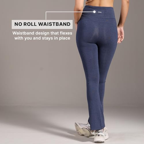 Image of Kica Criss Cross Cotton Flare Comfort Pants with Back Pocket and Ankle Slit Navy Blue
