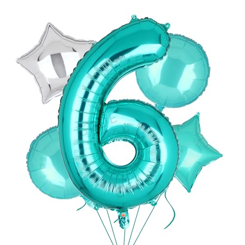 Image of Teal Blue Number 6 Balloons 40 Inch Mermaid 6th Birthday Theme 5 Pcs | Big Helium Mylar Digital Balloon Anniversary Wedding Party Decor Supplies
