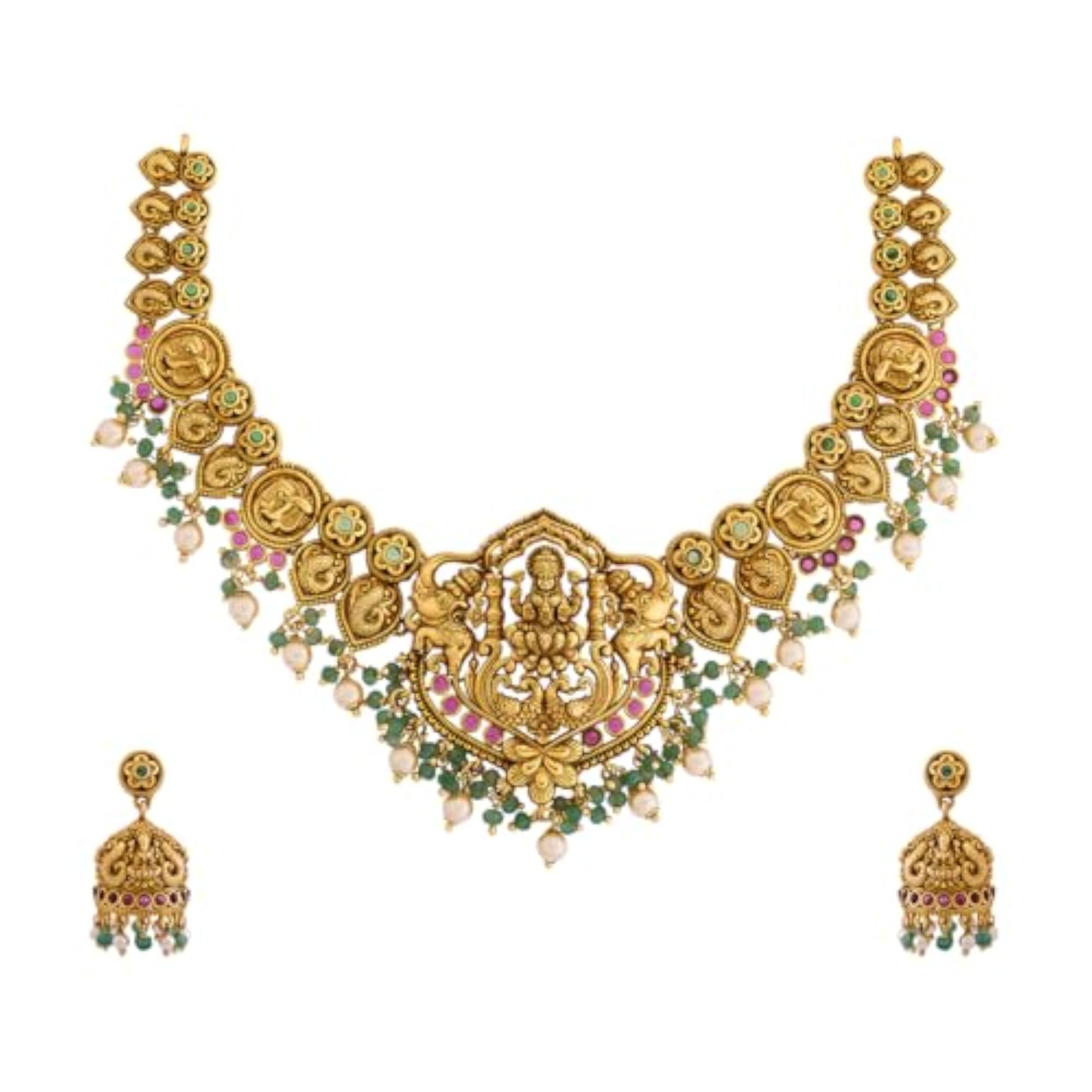 Ruby-Green Gold Plated Antique Necklace Set with Jhumka Earrings