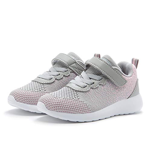 Weesstep Toddler/Little Kid Boys Girls Lightweight Breathable Adjustable Strap Elastic Lace Running Sneaker Shoe Grey/Pink #TOP1