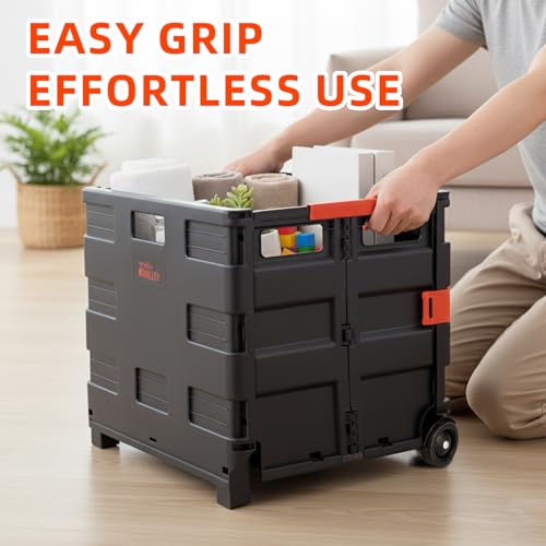 JJRING Folding Rolling Crate, Portable Utility Cart, Collapsible Handcart Shopping Trolley, Rolling Crate with Wheels for Teacher, Grocery, Office and Luggage