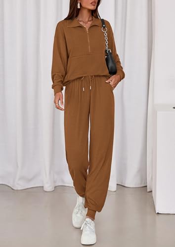 Image of PRETTYGARDEN Women 2 Piece Ribbed Knit Matching Lounge Sets | Comfy Sweat Track Suits, Athleisure Casual Outfit, Half Zip Sweatshirt & Jogger Pants, Fall Winter Clothes for Airport Travel