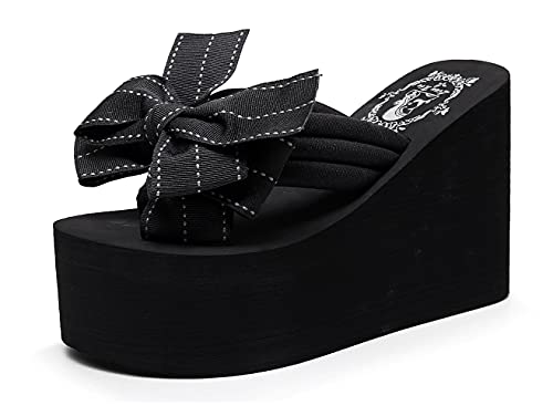 Womens Platform Flip Flops Gothic Sandals For Women Chunky High Heel Flip Flop Goth Wedge Slippers With Bowknot