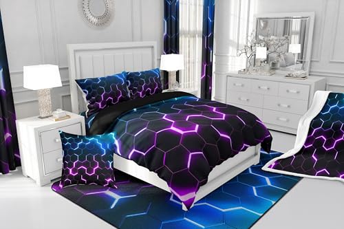 Homewish Single Duvet Cover Set for Kids Adults Honeycomb Bedding Set for Teenage Boy Blue Purple Gradient Duvet Cover for Girls Women Cool Geometric Black Bedding - Image 4