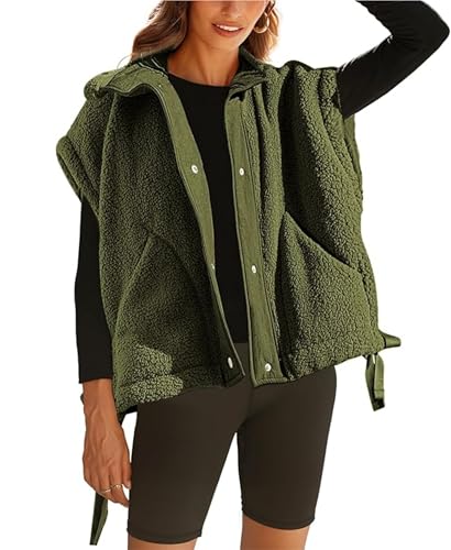 OPCAKM Women's Fuzzy Fleece Vest Sleeveless Sherpa Jacket(Armygreen-L)