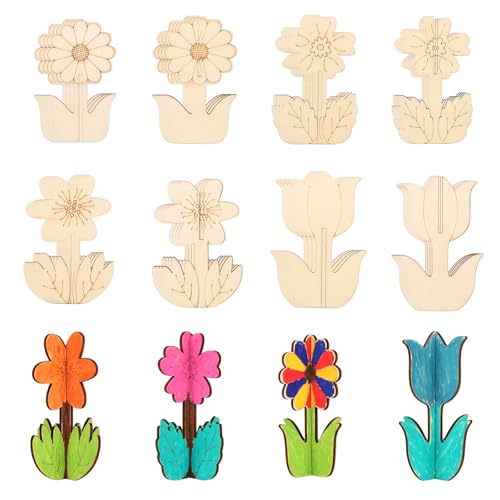 lasuroa 32 Piezas Flores de Madera para Pintar, 3D DIY Primavera Manualidades Niños y Adultos Pintables Manualidades Flores Adornos Recortes Madera Sin Terminar para Pintar Decoraciones 🔥