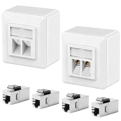 2x CAT7 Universal Netzwerkdose Unterputz Keystone Doppelport & 4x CAT7 Keystone Modul Patchkabel Kupplung, 10 Gbit/s Ethernet Netzwerk LAN/Ethernet Dose, Weiß