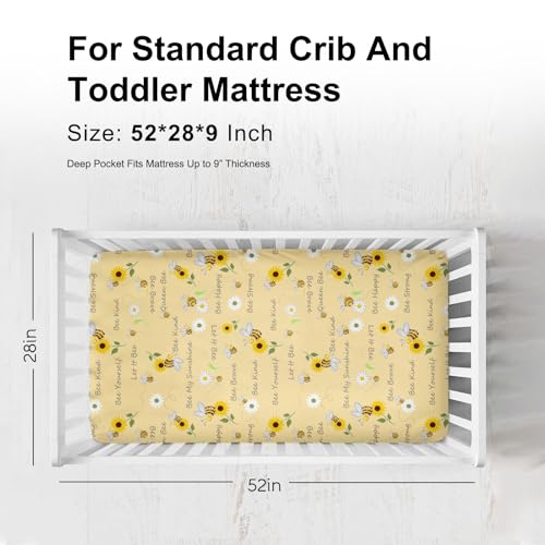 Image of Sweet Bees Honey Sunflowers Daisy Fitted Baby Crib Sheet for Girl Boy 52 inchx28 inch Bee Quote Flowers Soft Breathable Crib Mattres Cover Bees Baby Bed Sheets for Standard Crib and Toddler Mattresses