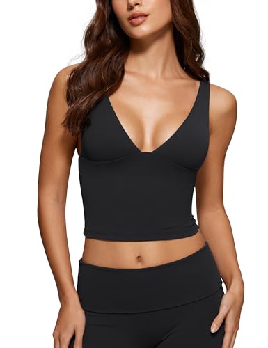 Womens Deep V Neck Plunge Longline Tank Tops Built in Bra Sleeveless Gym Athletic Yoga Cropped Top