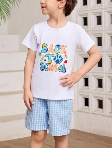 Image of OBEEII Back to School Outfit Toddler Boy Short Sleeve Graphic Shirt Gingham Shorts First Day of School Summer Clothing Set