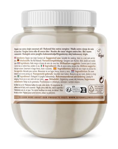 Sevenhills Wholefoods Kokosöl Bio 1L, Extra Vergine, Nativ, Roh, Kaltgepresst, zum Kochen & Backen, für Haut & Haare (Kunststoffwanne)