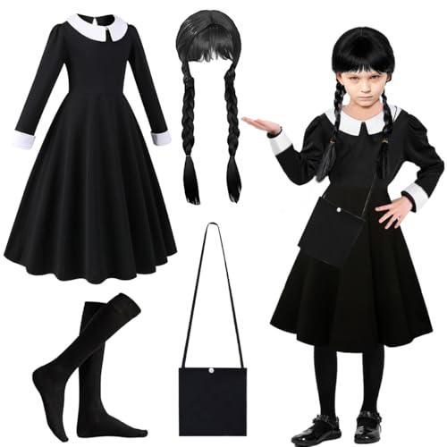 LGZIN Disfraz de Miércoles para Niñas con Peluca, Bolsa y Medias - Vestido Cosplay Halloween Carnaval Fiesta