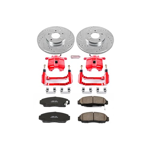 Image of PowerStop Front Brake & Caliper Kit for Acura RL 1999-04 - Carbon-Fiber Ceramic Brake Pads + Drilled & Slotted Rotors + Red Powder Coated Calipers, KC2309