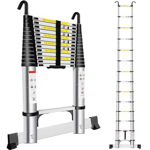 Exleiter Extendable Telescopic Ladder 4.9M, Aluminium Telescoping Ladder with Detachable Hooks and Stabiliser Bar, Adjustable Height Portable Sturdy Loft Ladder Secure Climbing for Hom