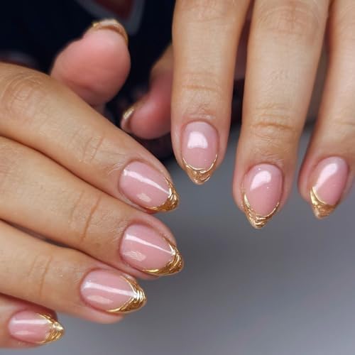 Gold French Tip Press on Nails Short Almond Fake Nails 3D Gold Li...