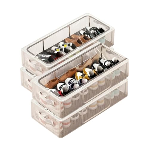 Image of RENVA 4 Pcs Foldable Transparent Shoe Storage Box with Handle & Zipper | Stackable Design, Organiser for Home, Clear Visibility, Space-Saving, Shoe Rack