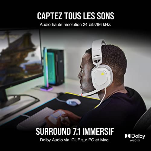 Corsair HS80 RGB USB Casque Gaming Premium avec Dolby Son Surround 7.1 (Microphone de Qualité Adaptée à La Diffusion, Tissu Microfibre Respirant, Audio Haute-Fidélité, Construction Durable) Blanc