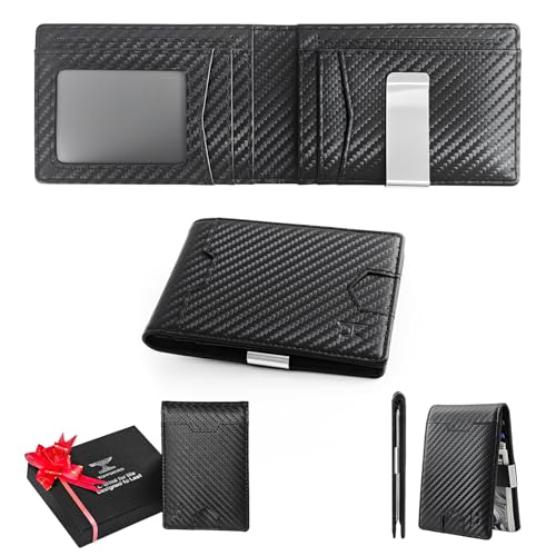 RFID Wallet for Men with Money Clip-Slim Front Pocket Design Ridge Men's Wallet Thin Card Holder holds 11 Cards and Cash ID Window includes Gift Box(Black)