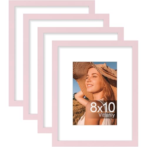 Image of Vittanly 8x10 Picture Frames Set of 4, Display Pictures 5x7 with Mat or 8x10 without Mat, Gallery Wall Frame Set for Wall or Tabletop Display, Engineered Wood with Shatter Resistant Plexiglass, Pink