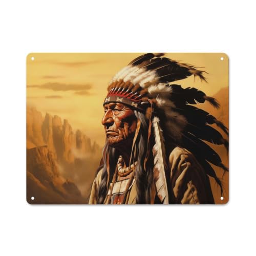 Image of Native American Chief Portrait Farmhouse Metal Sign 30x40cm, Rustic Country Wall Plaque for Farmhouse Kitchen, Pantry Or Dining Area