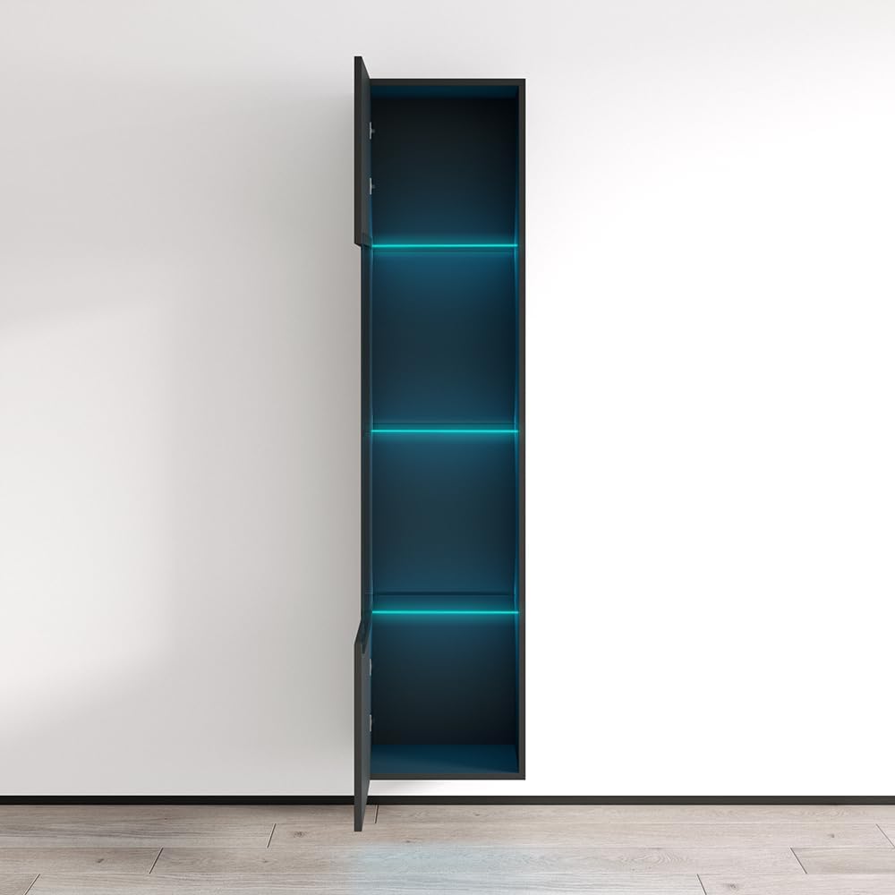 Meble Furniture Booky 42 Modern Wall Mounted Bookcase — LED Light System — High Gloss Finish, 42 x 12 x 72 inches — Black