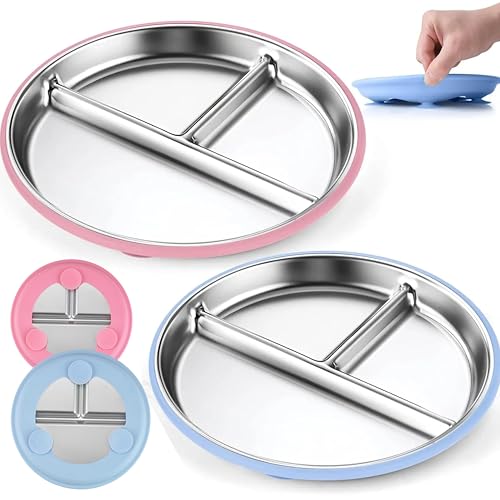 2Set of Stainless Steel Toddler Plates with Suction 9" Removable Food Grade Silicone Sleeves for Toddler, BPA Free Non-Slip baby plates, Dishwasher Safe