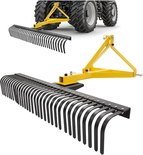 KUAFU 60In Landscape Rake, 3 Point Rake, 360 Rotation Compatible with Category 1, Cat1 Tractors Tow-Behind Garden Tool for Garden, Farm, Clearing Brush, Raking Arenas 2 Package Yellow