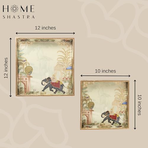 Image of Wooden Serving Tray with Gold Engraving | Set of 2 | Size : 12 x 12 inch & 10 x 10 inch | Enamel Coated Waterproof | Square Trays | Decorative Trays | (Elephant Square Trays Set)