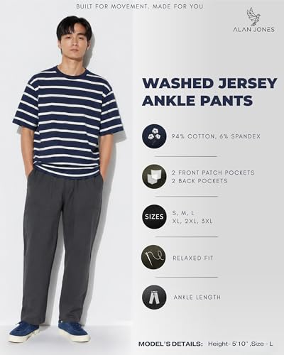 Image of Alan Jones Clothing Mens Washed Jersey Cotton Ankle Pants | Soft Stretch Jersey Cotton | Elastic Waist with Drawstring