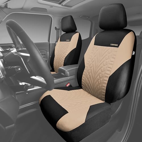 CAR PASS Car Seat Covers Full Sets, Front & Split Rear Bench for Car, 3D Tyre Embossed Automotive Interior Covers, Airbag Compatible, Quick Setup Universal Fit Seat Covers for Car, SUV(Black Beige)