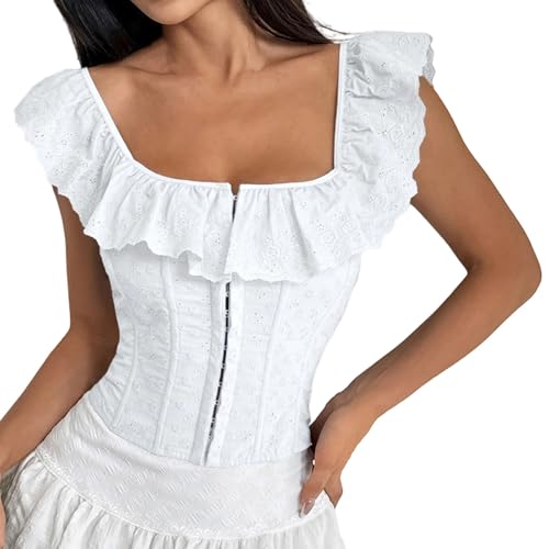 Corsé con volantes para mujer, estilo gótico del Reino Unido, hombros descubiertos, con cordones, corpiño con varillas y mangas cortas, faja moldeadora, lencería vintage para novia, disfraz de