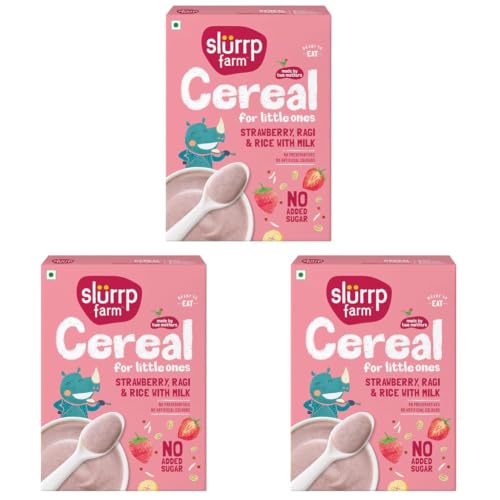 Image of Slurrp Farm Cereal, Ragi, Rice and Strawberry with Milk, Instant Healthy Food, NO Added Sugar, Mildly Sweetened with Date Powder, 200 g (Pack of 3)